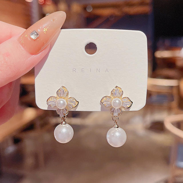 925 silver needle zircon flower pearl dangling earrings