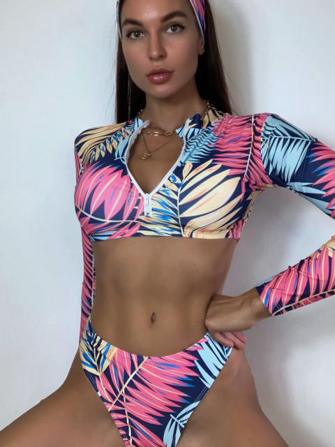 Leaf print two piece long sleeve swimsuit