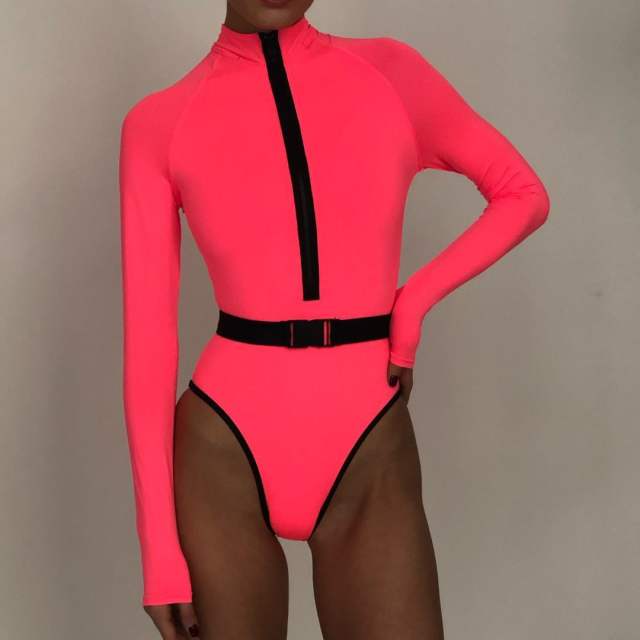 Fluorescent color one piece long sleeve swimsuit