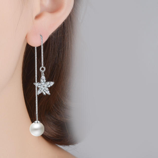 Flower Pearl cubic zirconia threader earrings