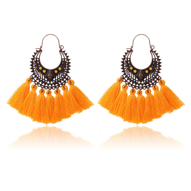 Retro thread hoop tassel earrings