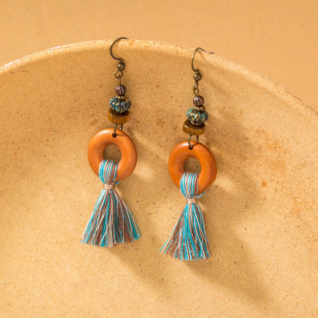 Wood hoop thread tassel earrings