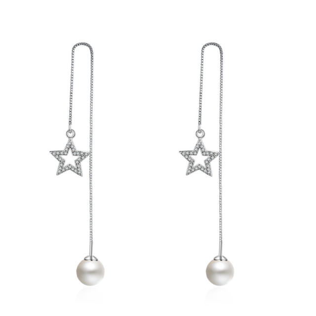 Cubic zirconia five-pointed star Pearl threader earrings