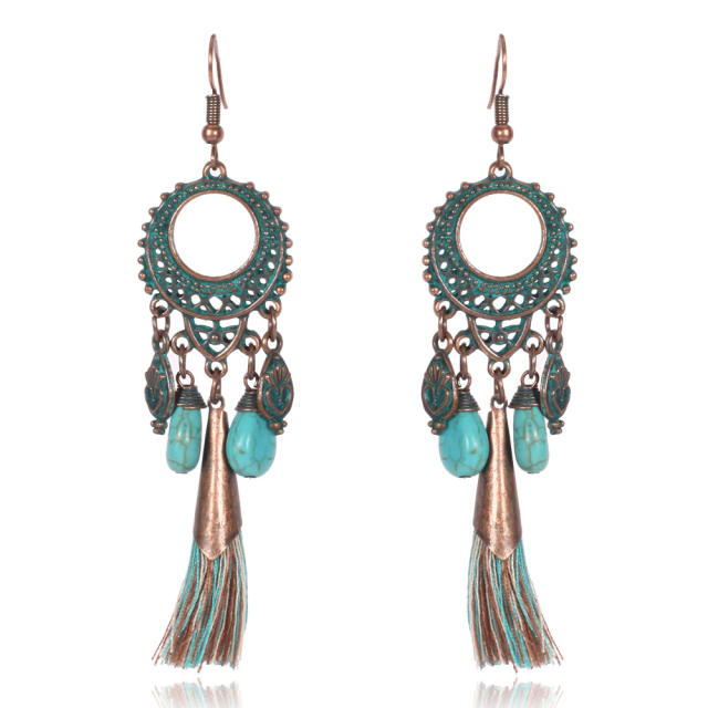 Retro turquoise thread tassel earrings