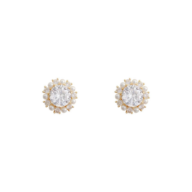 925 silver needle zircon pearl round studs earrings