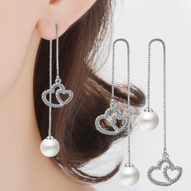 Two hearts cubic zirconia Pearl diamond threader earrings