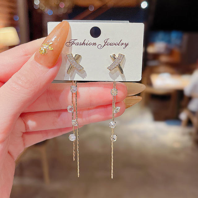 925 silver needle zircon tassel jacket earrings