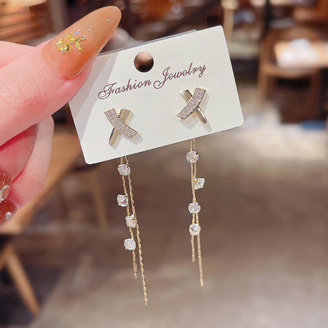 925 silver needle zircon tassel jacket earrings