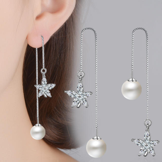 Flower Pearl cubic zirconia threader earrings