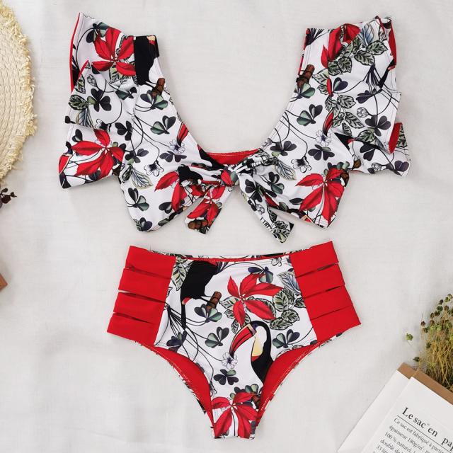 Vintage flower print high waist swimsuit