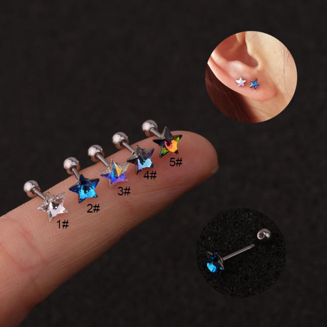 Stainless steel copper zircon five-point star studs cartilage earrings