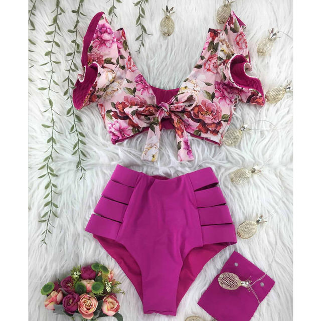 Vintage flower print high waist swimsuit