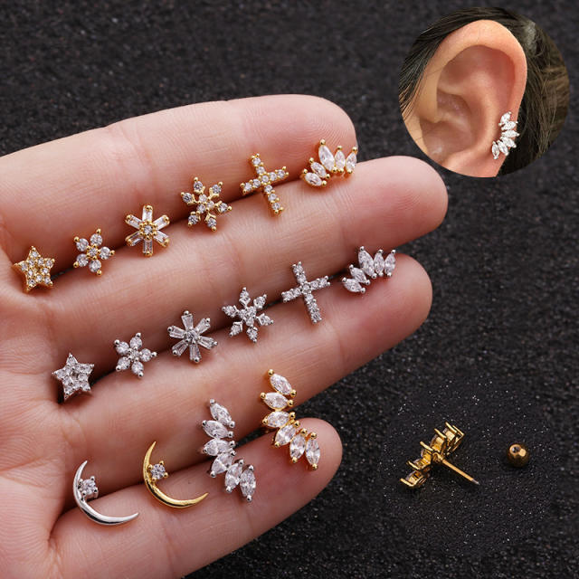 Stainless steel copper zircon studs cartilage earrings