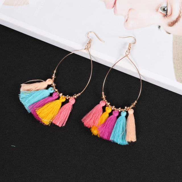 Bohemian style retro thread hoop tassel earrings