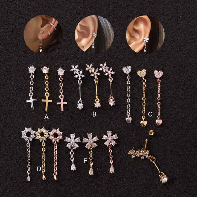 Stainless steel copper zircon chain tassel studs cartilage earrings