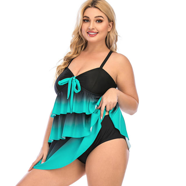Gradient color skirt three-layer ruffled swimsuit