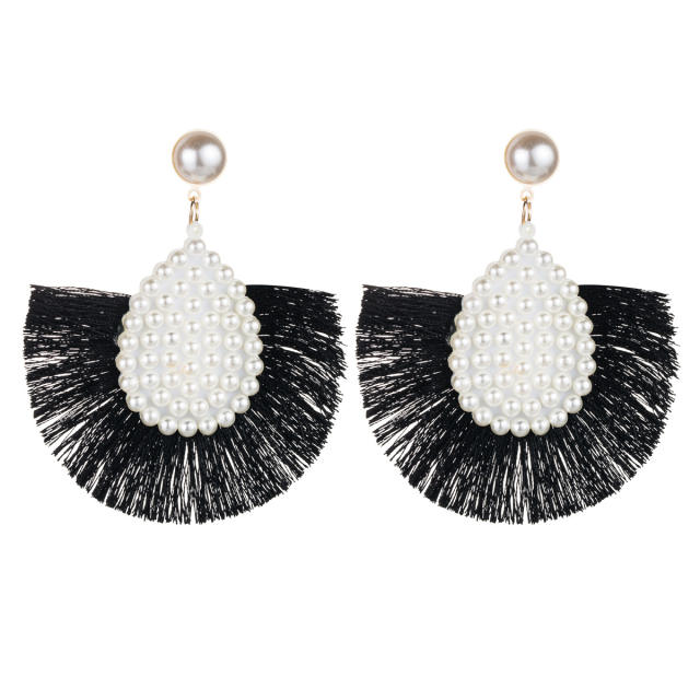 Pearl fan-shaped hoop tassel earrings
