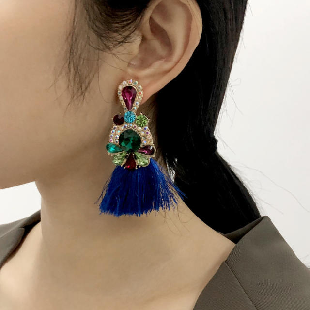 Diamond-encrusted long-style thread tassel earrings