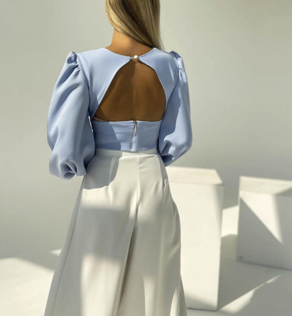 V neck balloon sleeve crop tops with wide leg pants set