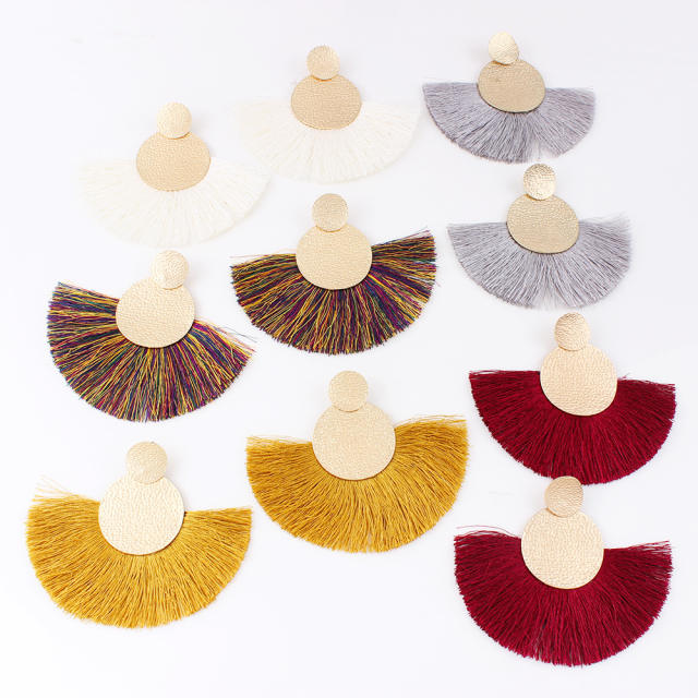 Fan-shaped hoop tassel earrings