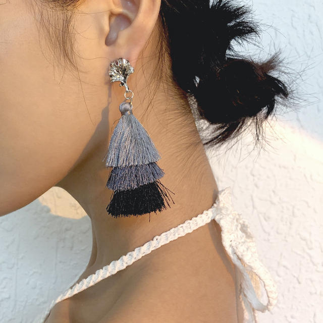 Multi-layer thread tassel earrings