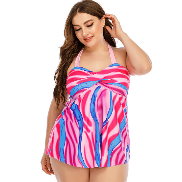 Rainbow stripe two piece high neck swimsuit