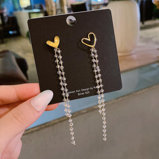 925 silver needle heart crystal beads chain tassel earrings