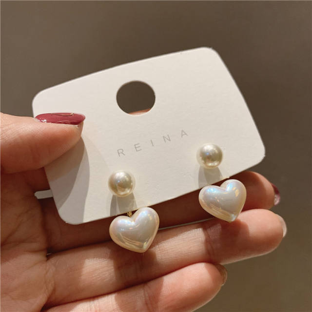 925 silver needle heart shaped pearl jacket earrings