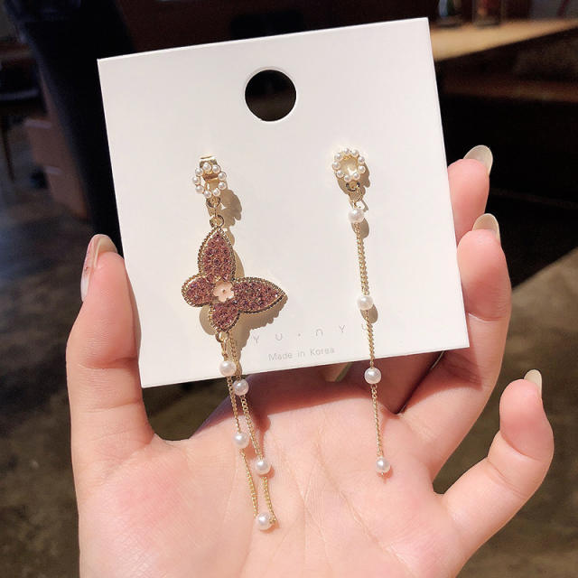 925 silver needle butterfly Pearl tassel earrings