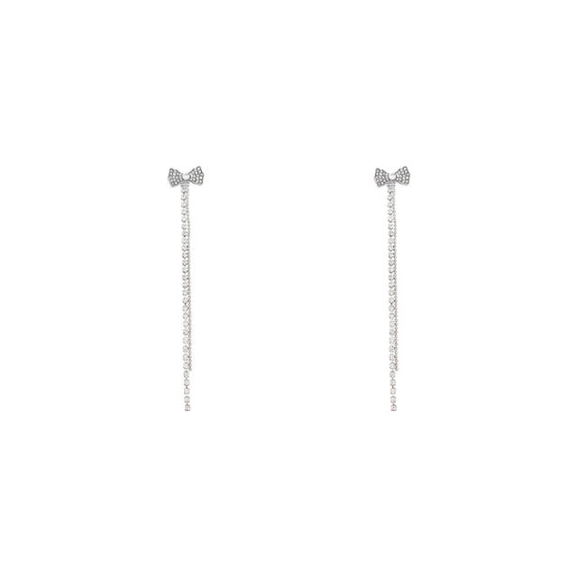 925 silver needle bow diamond chain tassel earrings