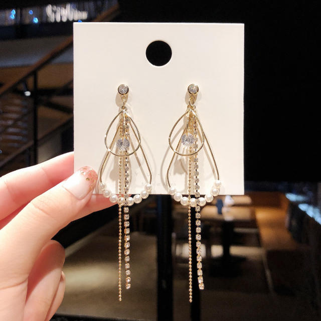 925 silver needle Pearl cubic zirconia diamond chain tassel earrings