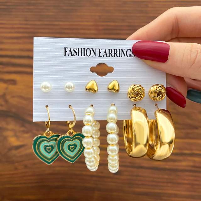 Heart Pearl metal hoop earrings set 6 pairs