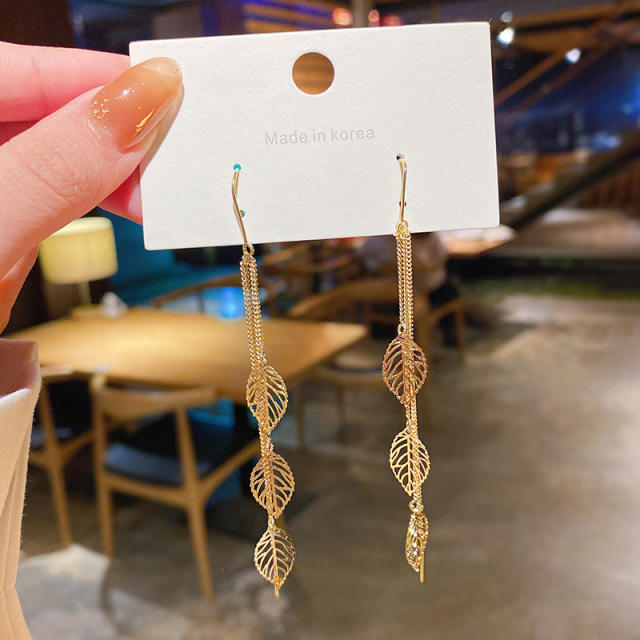 925 silver needle leaf pendant long-style chain tassel earrings