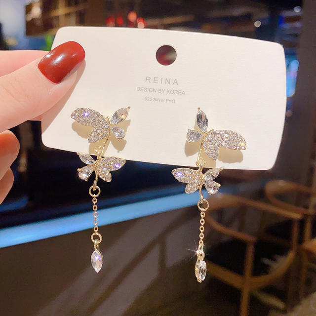 925 silver needle butterfly diamond chain tassel earrings