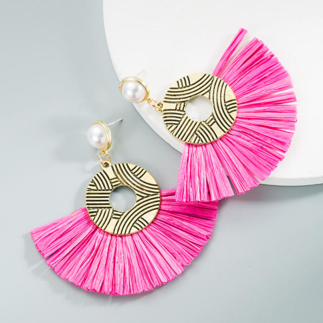 Pearl fan-shaped hoop tassel earrings