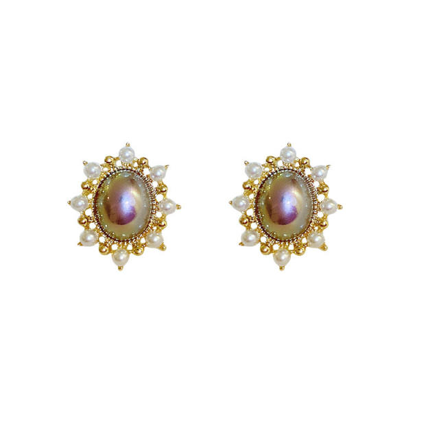 Oval pearl stud earrings 925 silver needle