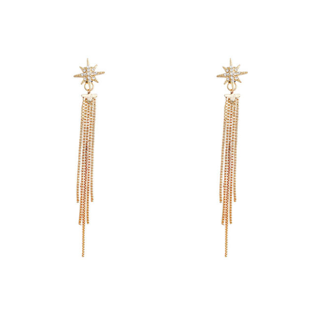 925 silver needle Star long-style diamond chain tassel earrings
