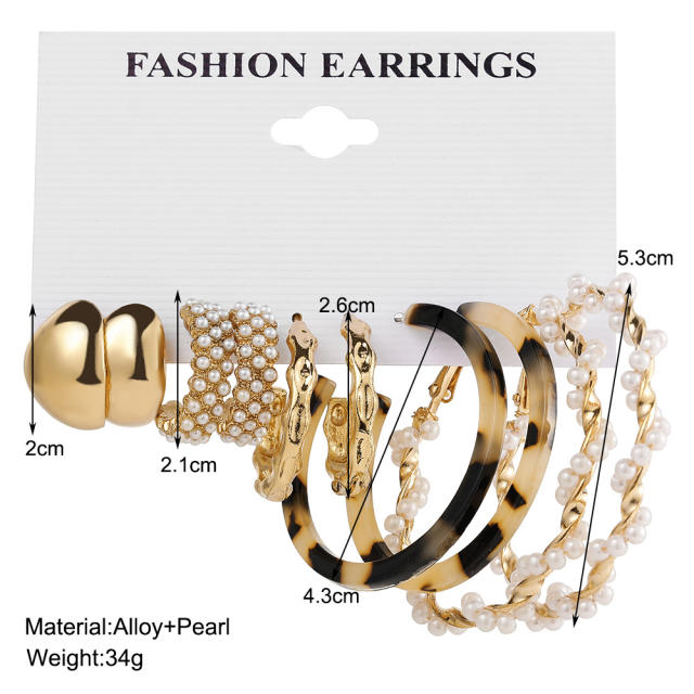 Vintage C- shaped inlaid pearl earrings suit 5 pairs