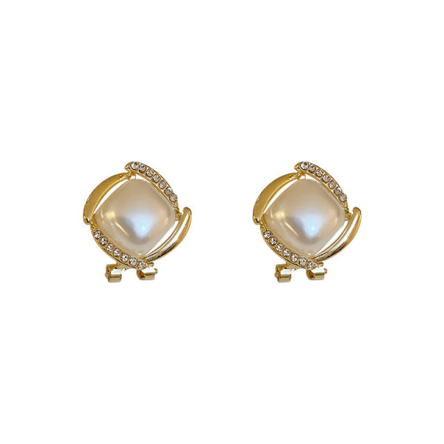 925 silver needle rhinestone square pearl studs earrings