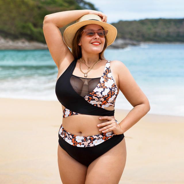 Plus size sexy mesh floral swimsuit