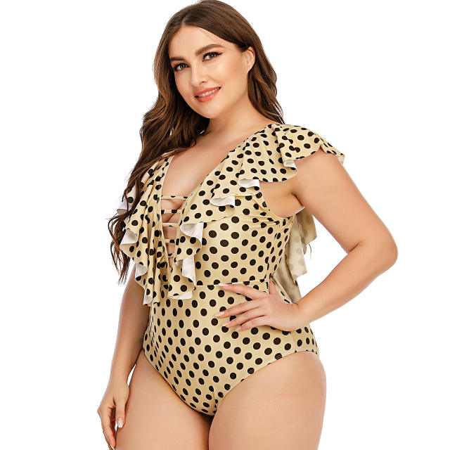 Deep V neck polka dots one piece swimsuit