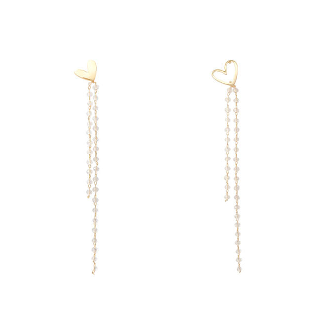 925 silver needle heart crystal beads chain tassel earrings