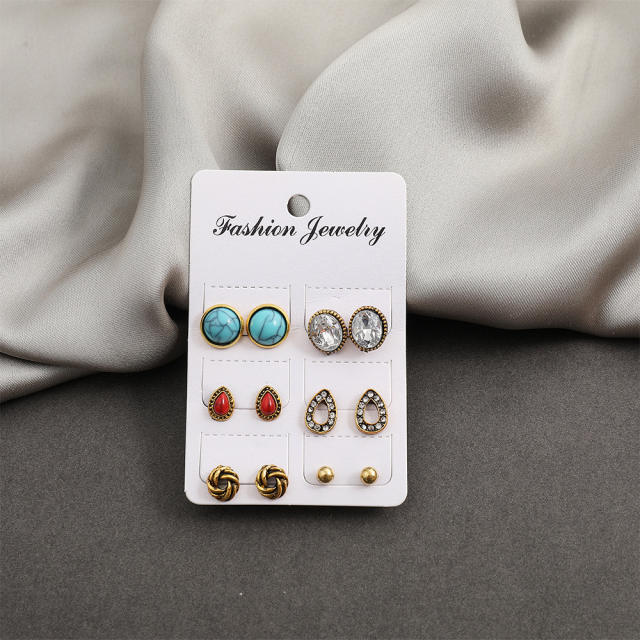 6 pairs turquoise rhinestone pearl earrings set