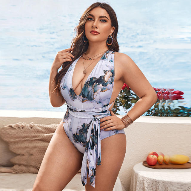 Deep V neck sexy plus size tie dye swimsuit