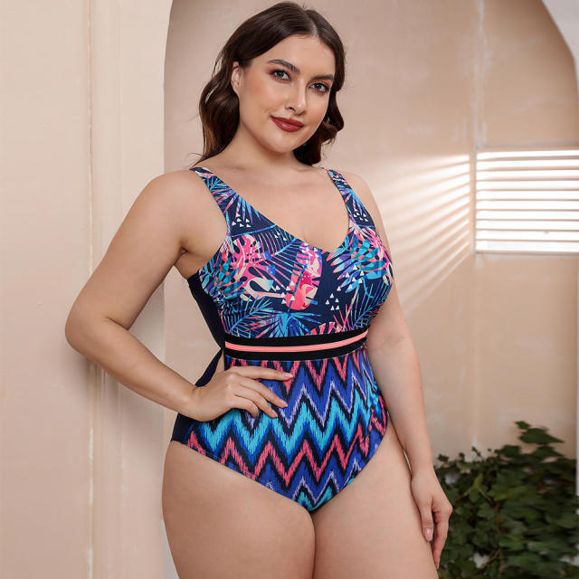 Plus size patterned one piece swimsuit