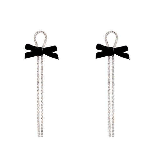 925 silver needle bow rhinestone chain tassel earrings