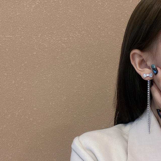 925 silver needle bow diamond chain tassel earrings