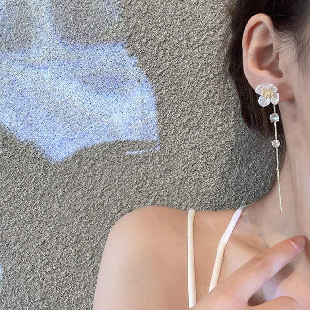 925 silver needle flower crystal long-style chain tassel earrings