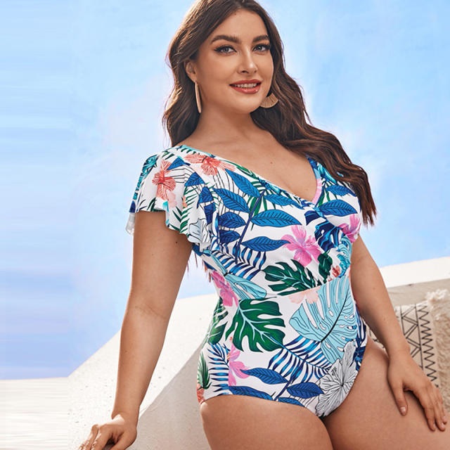 One piece plus size leaf printing swimsuit