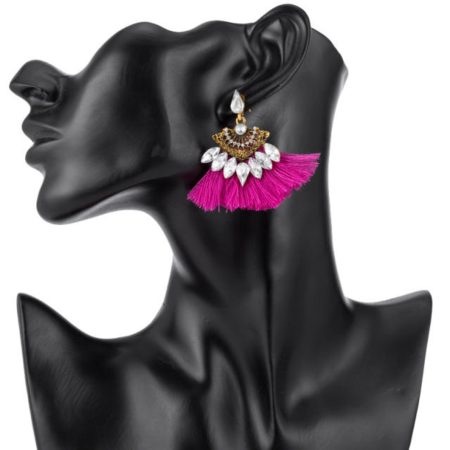 Fan-shaped rhinestone hoop tassel earrings